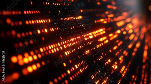 Obraz na płótnie Digital Matrix Flow: Abstract, fiery orange data streams flow across a dark background, creating a dynamic and energetic digital landscape. Perfect for tech, innovation, and futuristic concepts. w salonie