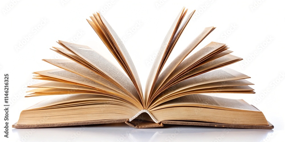 Fototapeta premium Open book with abstract turning pages reading hobby, isolated on white background