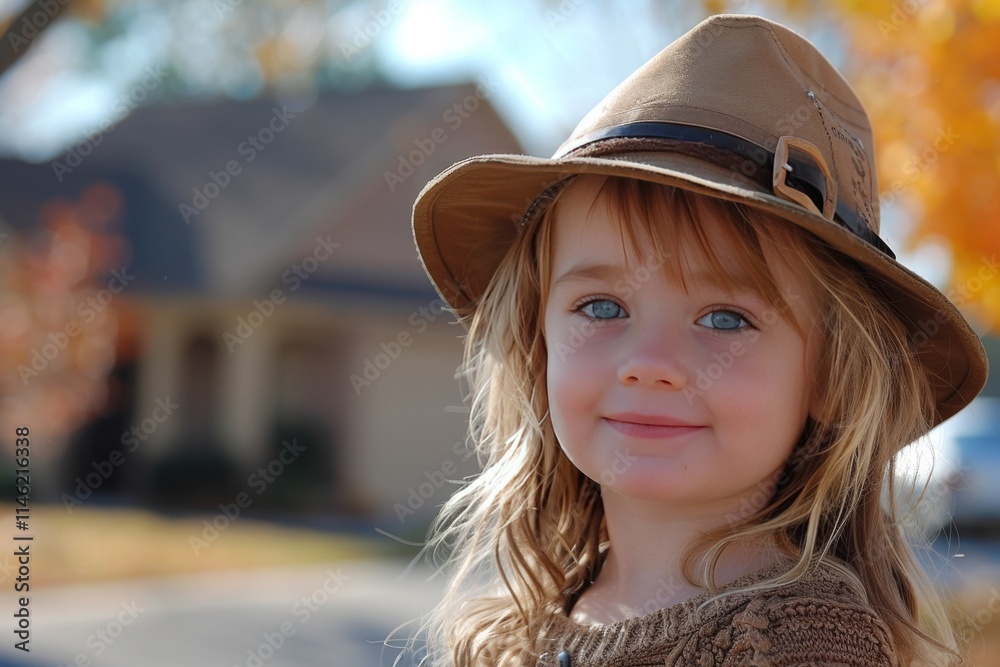 Smiling child wearing a hat in autumn sunlight with a cozy house in the background Smiling child wearing a hat in autumn sunlight with a cozy house in the background