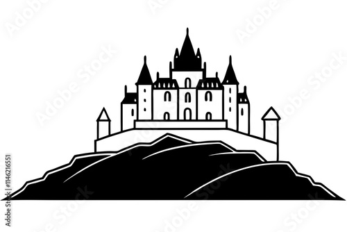 A castle on a hill vector silhouette on white background