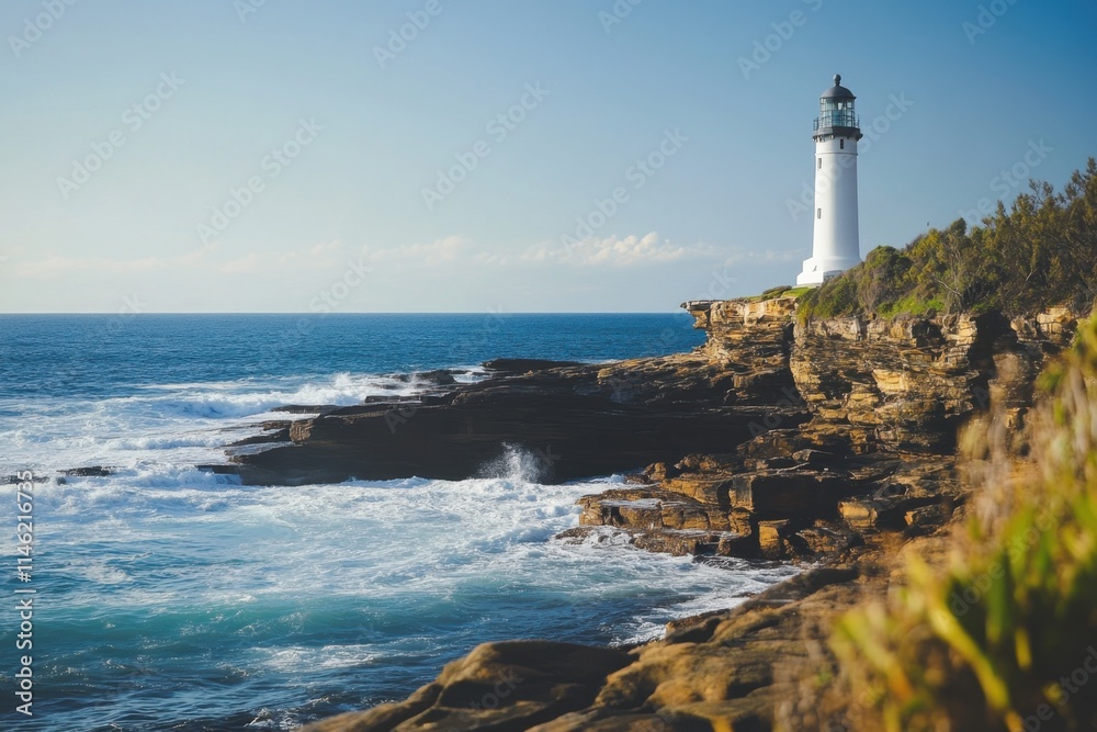 A serene seaside lighthouse standing tall on the cliffs overlooking the ocean waves captured in a bright coastal landscape peaceful setting for nature lovers A serene seaside lighthouse standing tall on the cliffs overlooking the ocean waves captured in a bright coastal landscape peaceful setting for nature lovers