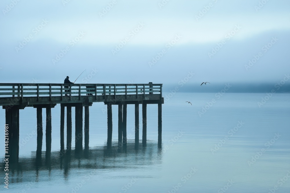 A tranquil seaside morning with a fisherman casting lines at the pier serene waters and misty skies creating a peaceful atmosphere for reflection and enjoyment A tranquil seaside morning with a fisherman casting lines at the pier serene waters and misty skies creating a peaceful atmosphere for reflection and enjoyment