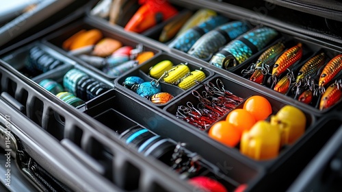 A neatly organized tackle box filled with various fishing lures and accessories. photo