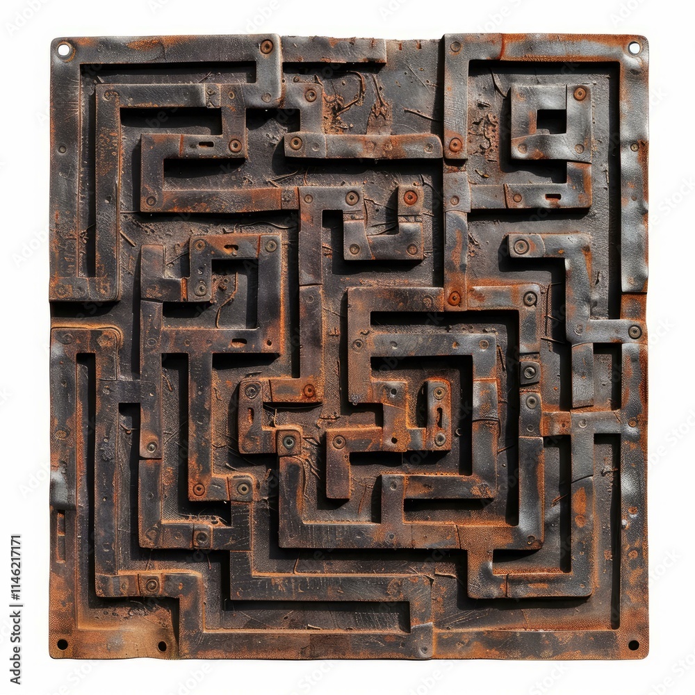 Complex rusty metal maze forming intricate pathways, highlighting problem solving and challenging journeys