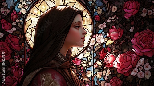 Saint Therese of Lisieux depicted in a stunning stained-glass artwork, surrounded by delicate roses in soft pink and red hues, glowing divine light illuminating her serene expression,