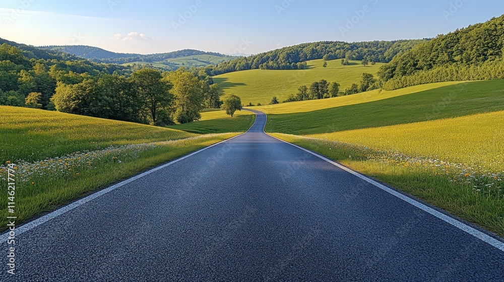 Naklejka premium Winding road through idyllic green hills.