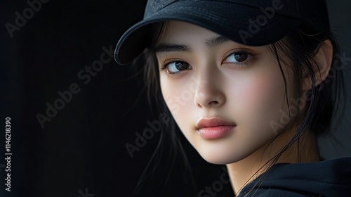 Close-up portrait of a young Asian woman wearing a black baseball cap, looking directly at the camera with a serious expression.