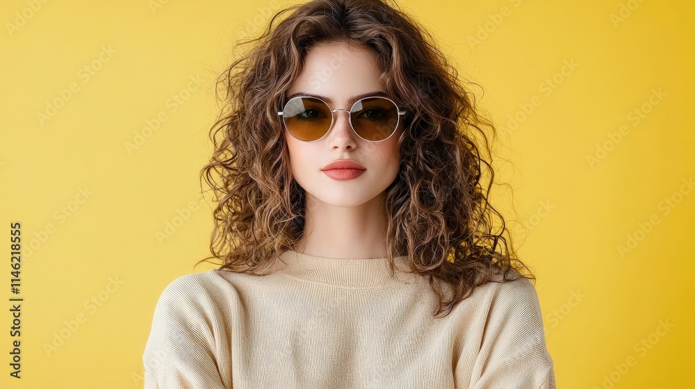 Woman with curly hair and sunglasses on yellow background. Woman with curly hair and sunglasses on yellow background.