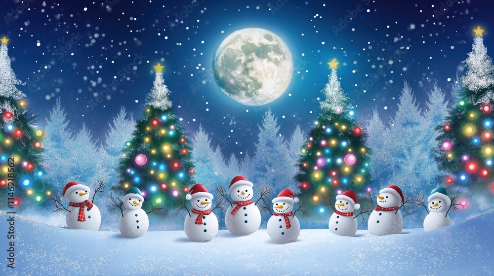 Obraz premium Group of cute snowmen in the snow, Christmas trees and full in the background