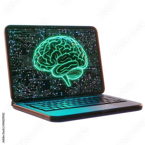Glowing Green Brain Symbol on Cartoon-Style Laptop Display