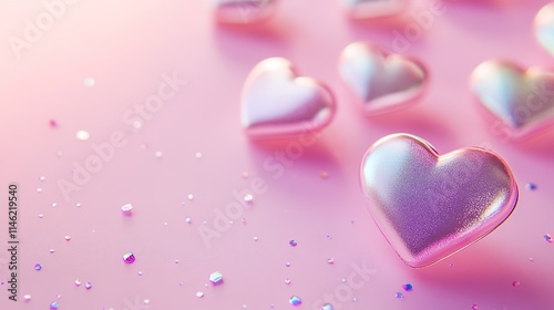 Holographic hearts on a pink background 