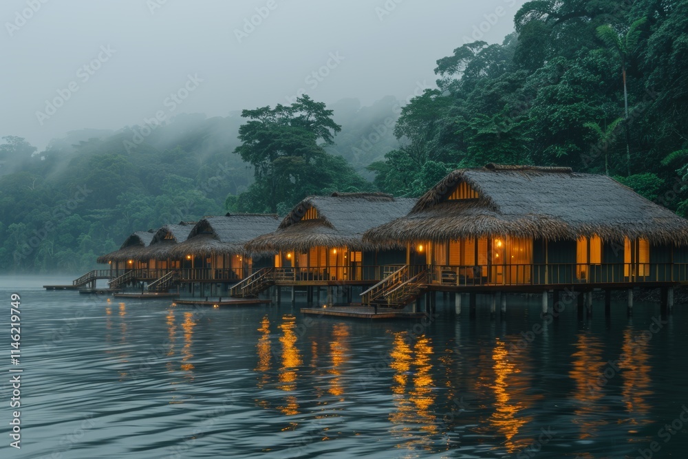 Naklejka premium Scenic wooden huts on serene water during twilight in a lush tropical forest