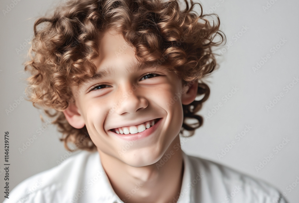 Closeup portrait of a beautiful happy teen. Curly brunette hair. Isolated boy on white background. Closeup portrait of a beautiful happy teen. Curly brunette hair. Isolated boy on white background.