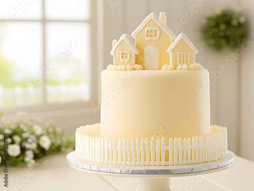 charming two tiered cake designed as house with white fence, perfect for celebrations photo