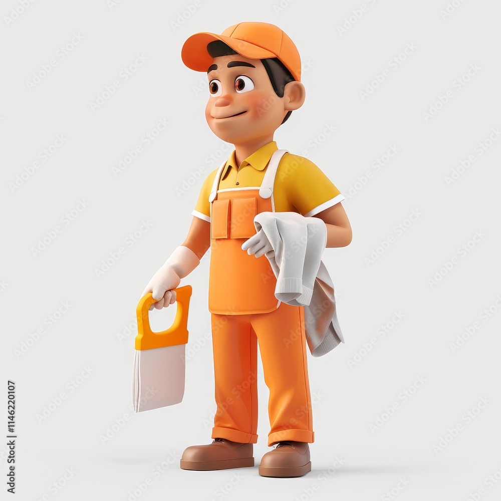 A smiling cartoon construction worker in orange overalls with a putty knife and towel. A smiling cartoon construction worker in orange overalls with a putty knife and towel.