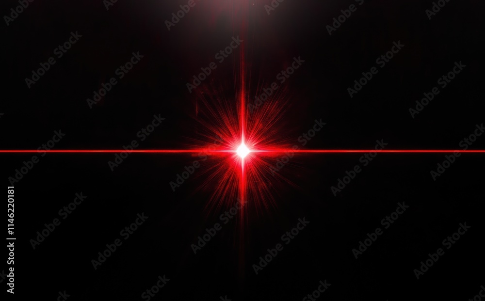 Red laser beam light rays with lens flare on a black background