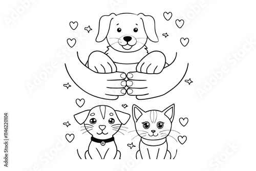 uman hands are hugging Dogs and Cat. Animal care, adoption concept. Help the homeless animals find a home. Set of three Hand drawn Vector illustrations