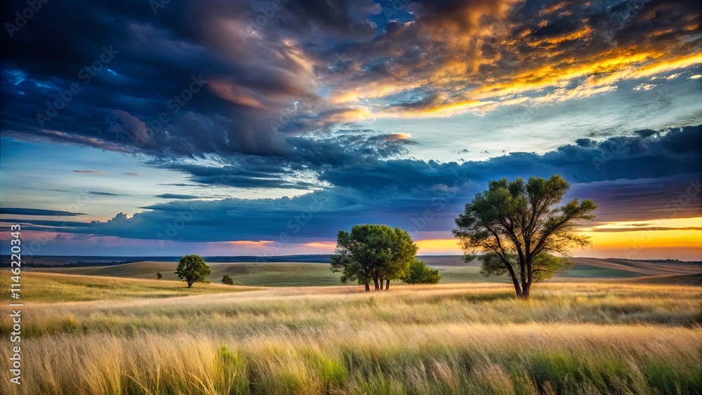 Obraz premium Serene Sunset Landscape with Solitary Trees in a Golden Field