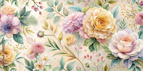 Wallpaper Mural Pastel Floral Bouquet A Delicate Watercolor Design Featuring Roses, Dahlias, and Other Blossoms Torontodigital.ca