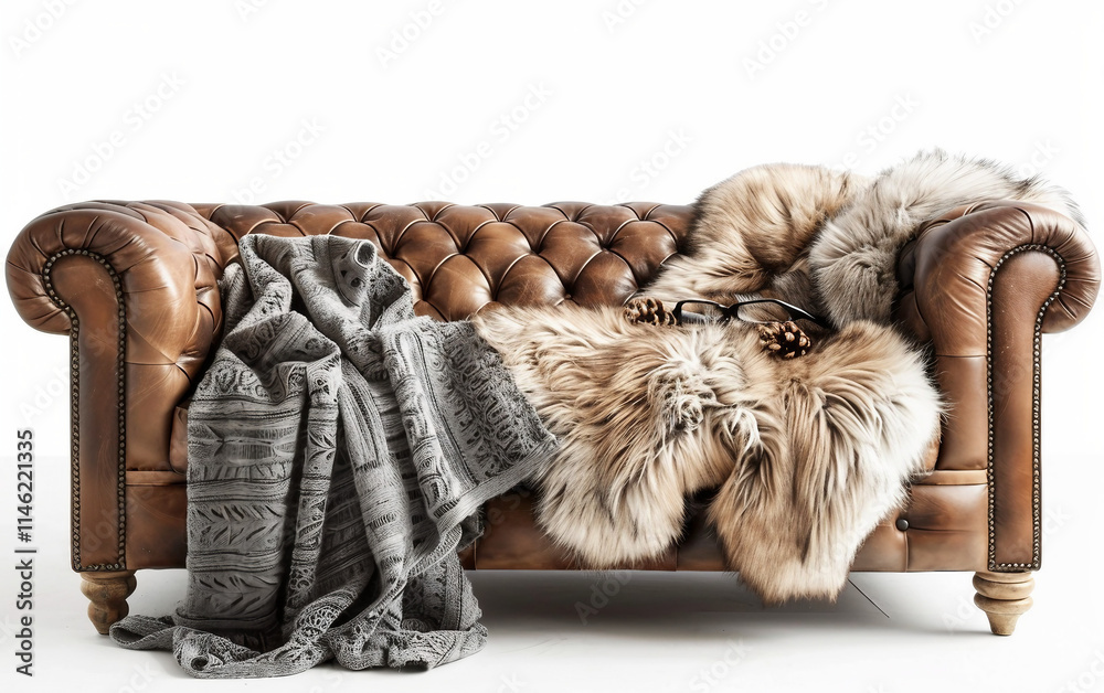 Obraz premium Aniline Leather Sofa Adorned with Faux Fur Throw on white background.PNG