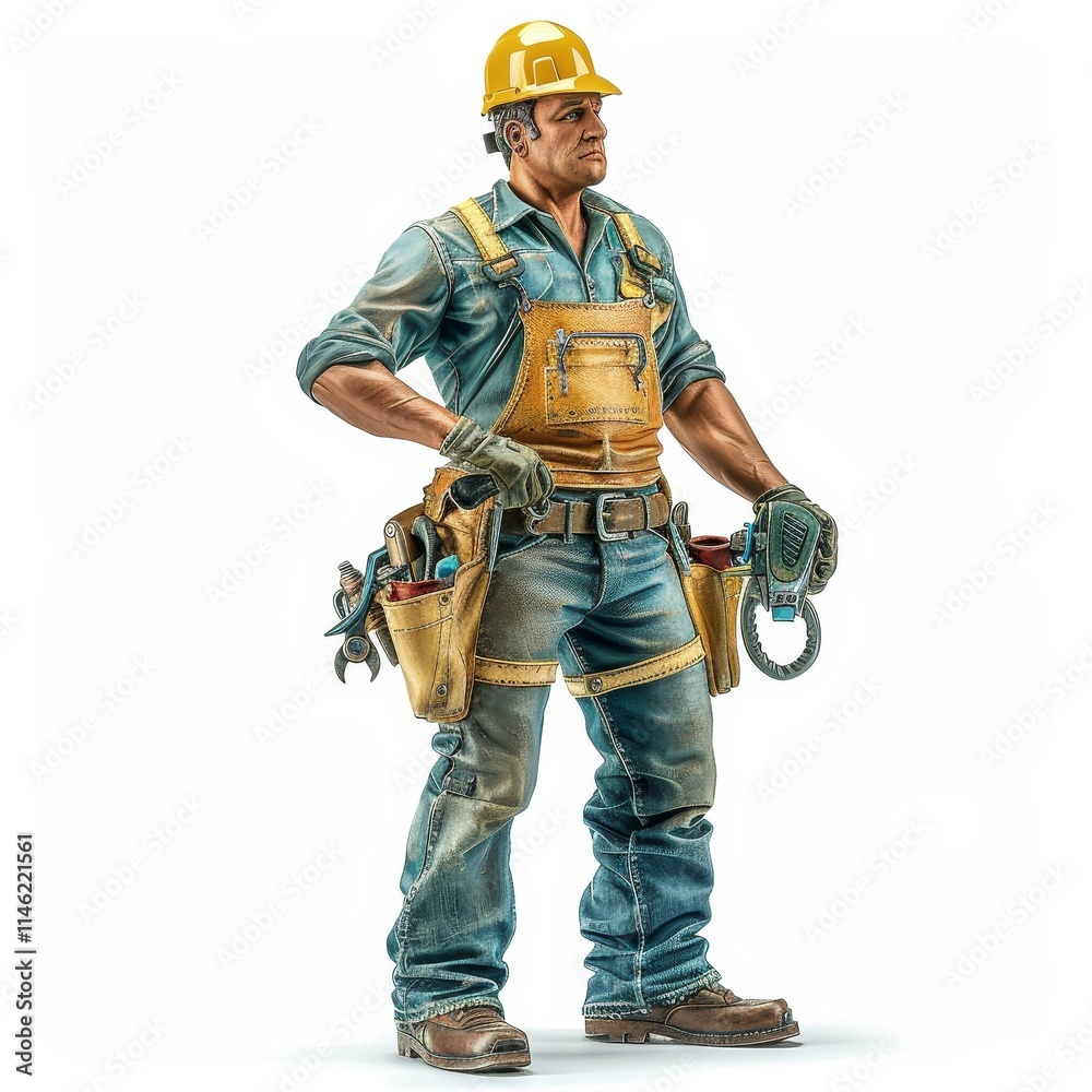 A construction worker with a tool belt stands confidently, ready for the task. A construction worker with a tool belt stands confidently, ready for the task.
