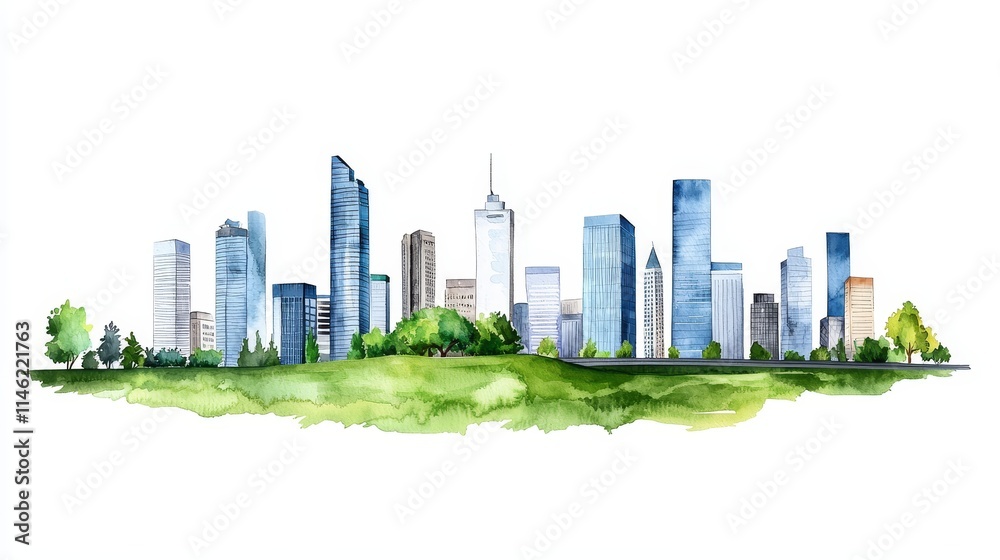 Fototapeta premium It combines architectural precision with artistic flair to create a cityscape with skyscrapers and greenery.