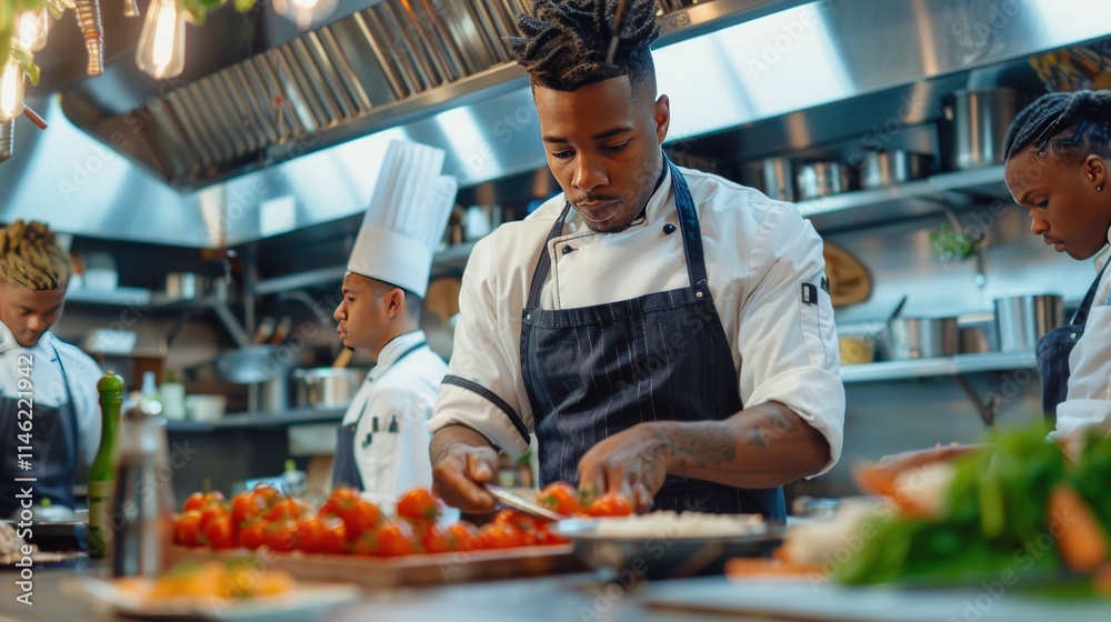 Chef preparing food in a busy restaurant kitchen with his team. Chef preparing food in a busy restaurant kitchen with his team.