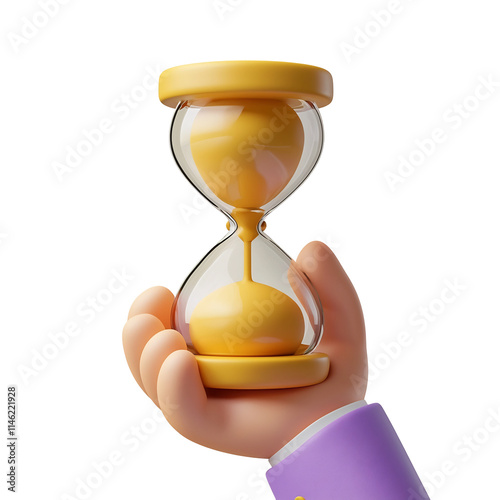 Lavender-Suited Hand Holding 3D Hourglass Icon with Rounded Edges in Minimalist,Cartoon Style on Isolated White Background