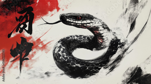 A minimal depiction of a snake using bold fluid ink strokes photo