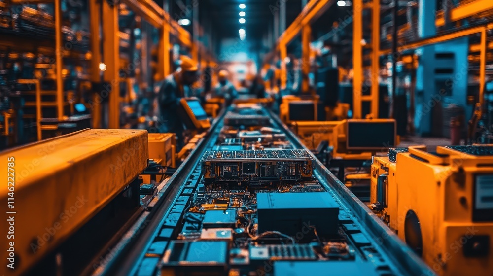 A recycling plant processing electronic waste, with conveyor belts carrying old devices to shredders and workers separating valuable components. The atmosphere is dynamic, emphasizing the importance A recycling plant processing electronic waste, with conveyor belts carrying old devices to shredders and workers separating valuable components. The atmosphere is dynamic, emphasizing the importance