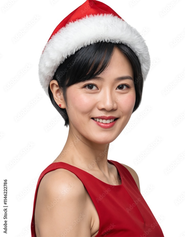 asian mature woman wearing christmas hat long hair wearing red dress wearing happy face. white background. ai generator asian mature woman wearing christmas hat long hair wearing red dress wearing happy face. white background. ai generator
