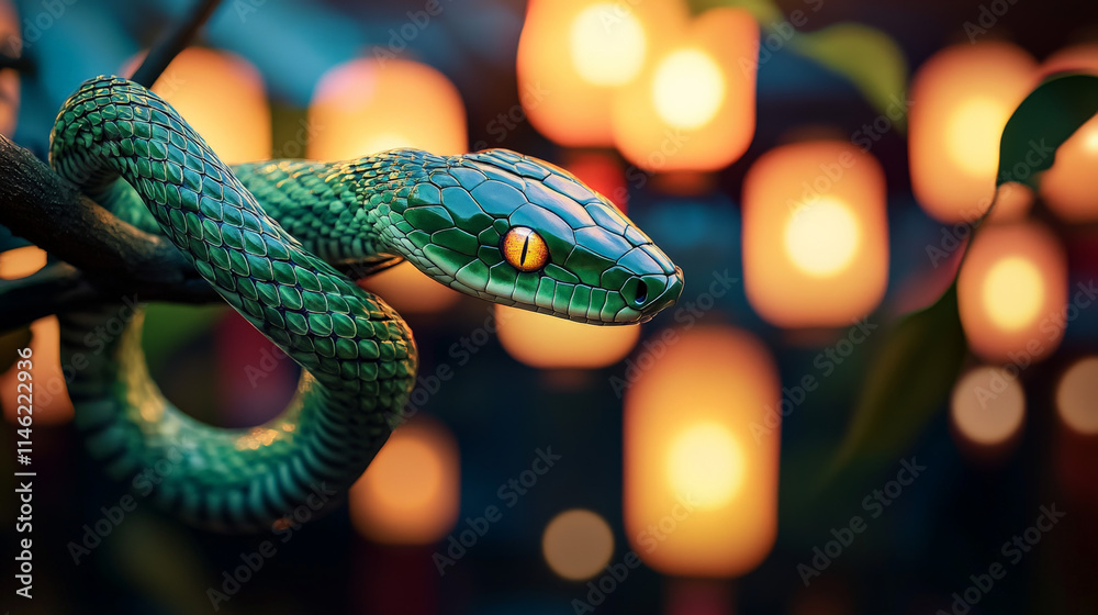 Fototapeta premium A sleek emerald green snake with glowing scales