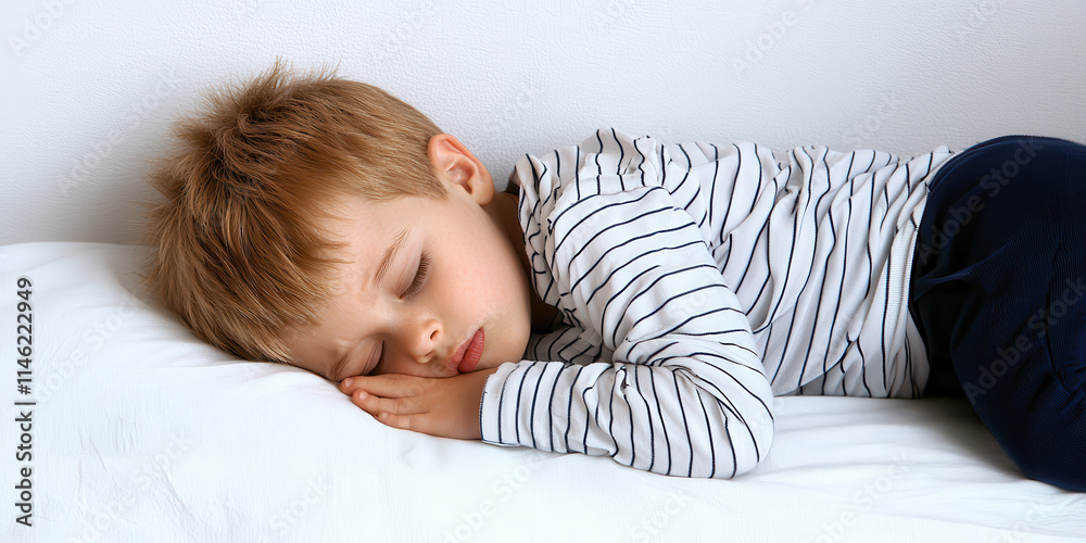 A peaceful sleeping child rests on a bed, showcasing innocence and tranquility in a cozy environment. A peaceful sleeping child rests on a bed, showcasing innocence and tranquility in a cozy environment.