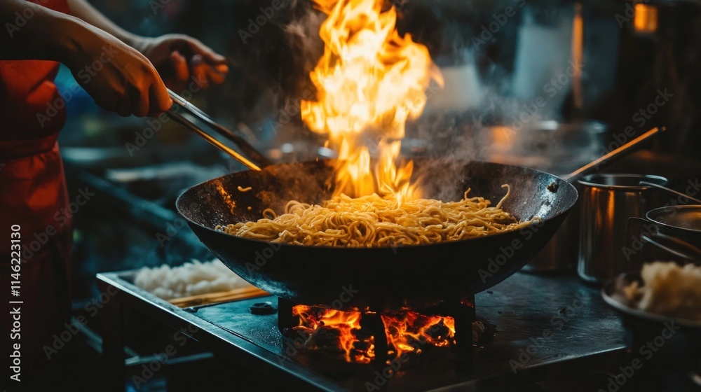Chef stir-fries noodles in a wok with flames. Chef stir-fries noodles in a wok with flames.
