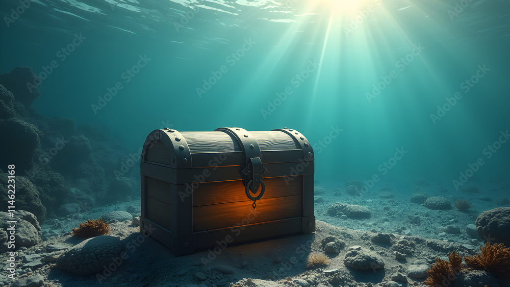 Sunbeams illuminate a sunken treasure chest on the ocean floor. Sunbeams illuminate a sunken treasure chest on the ocean floor.