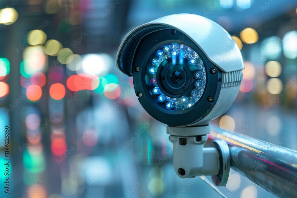 Security camera captures vibrant bokeh lights in a modern indoor environment during evening hours Security camera captures vibrant bokeh lights in a modern indoor environment during evening hours