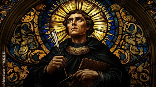 Saint Thomas Aquinas depicted in a stunning stained-glass style, holding a quill with a radiant sunburst halo glowing behind him, intricate geometric patterns in gold and deep blue framing the scene,