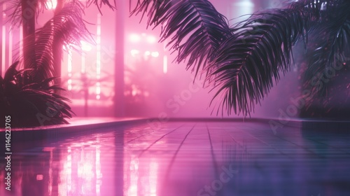 Neon-lit poolside at night, palm fronds framing the scene.
