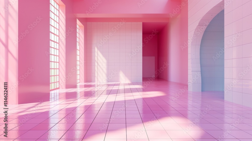 Modern pink room with futuristic arches and reflections Modern pink room with futuristic arches and reflections