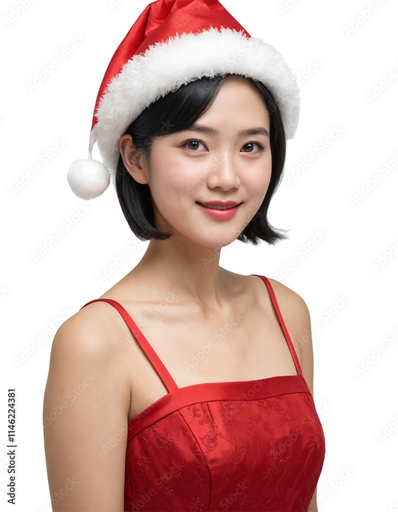 asian mature woman wearing christmas hat long hair wearing red dress wearing happy face. white background. ai generator asian mature woman wearing christmas hat long hair wearing red dress wearing happy face. white background. ai generator