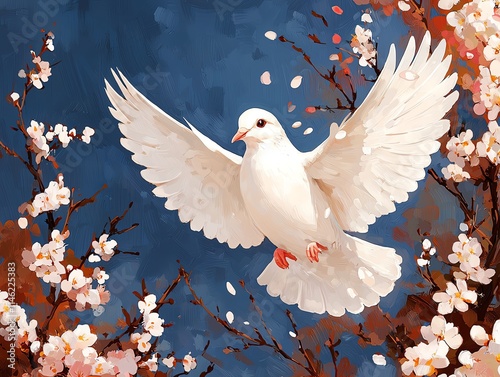 Symbolic Easter dove in flight surrounded by radiant light and blooming branches photo