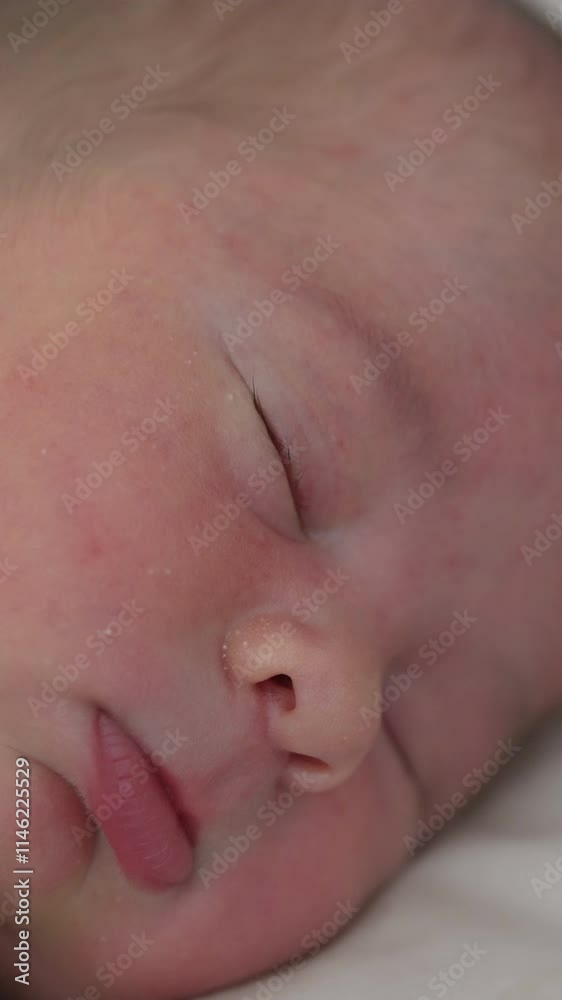 Adorable infant sleeps calm on soft bed at home. Facial portrait of a baby boy sleeping. Healthy dream. Quiet night for parents after childbirth.. Vertical video Adorable infant sleeps calm on soft bed at home. Facial portrait of a baby boy sleeping. Healthy dream. Quiet night for parents after childbirth.. Vertical video