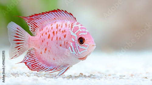 Pink Ram cichlid fish swimming in aquarium.