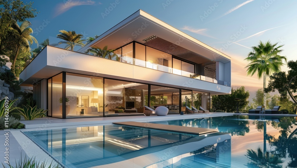 Obraz premium Contemporary luxury home exterior with swimming pool and lounge chairs at dusk