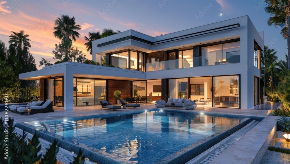 Fototapeta premium Contemporary luxury home exterior with swimming pool and lounge chairs at dusk