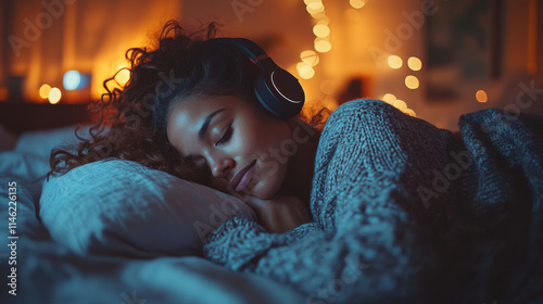 Woman sleeping peacefully in bed, wearing headphones, soft lighting.