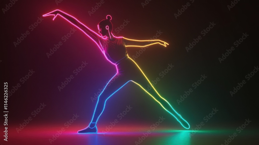 Fototapeta premium Neon-lit female dancer in dynamic pose.