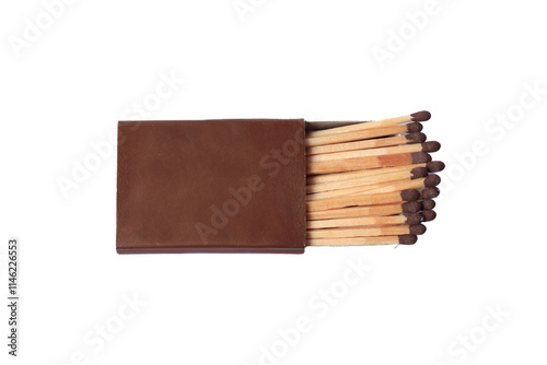 Wooden matches and matchsticks isolated on a white background, arranged neatly (or scattered), showcasing their texture and detail. (Korek api kayu dan batang korek api dilatar belakang putih)