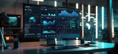 Wallpaper Mural Modern Gaming Setup with Colorful Lights and Monitors Displaying Data Torontodigital.ca