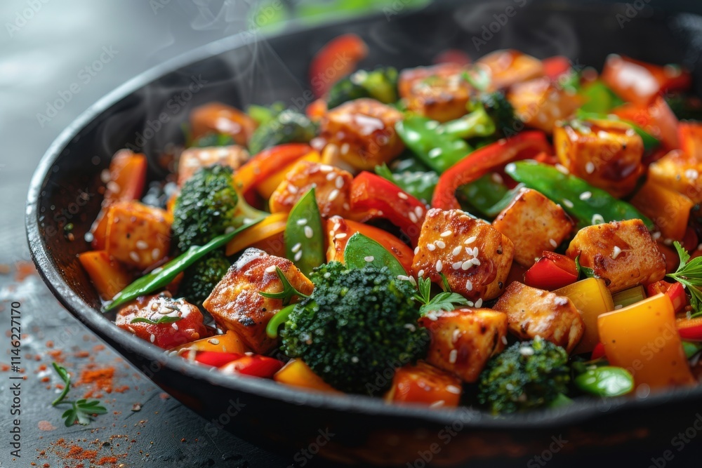 There is a pan with a stir fry of vegetables and meat, food background There is a pan with a stir fry of vegetables and meat, food background